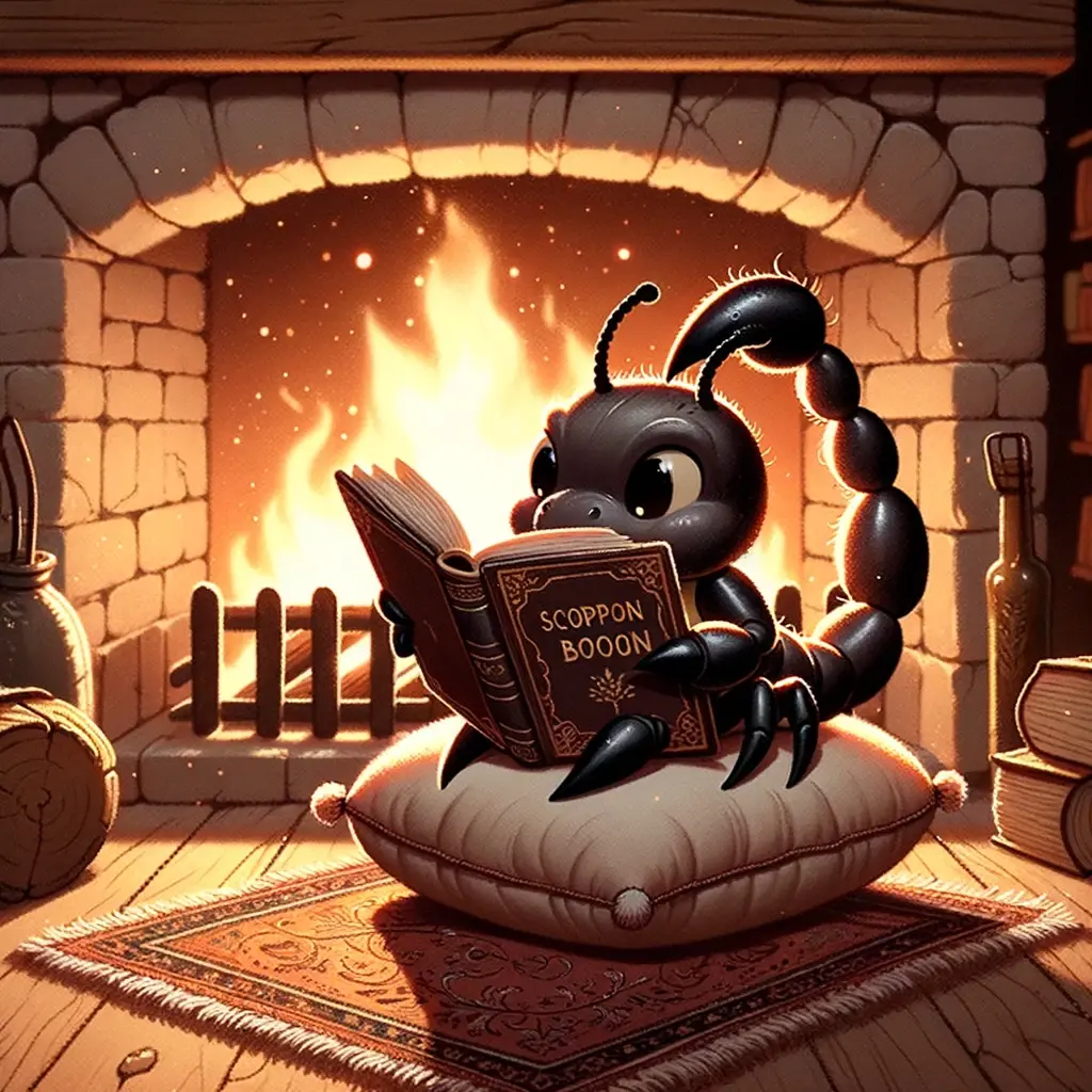 An AI-generated picture of a cute scorpion sitting on a pillow, in front of a warm fireplace, reading a book